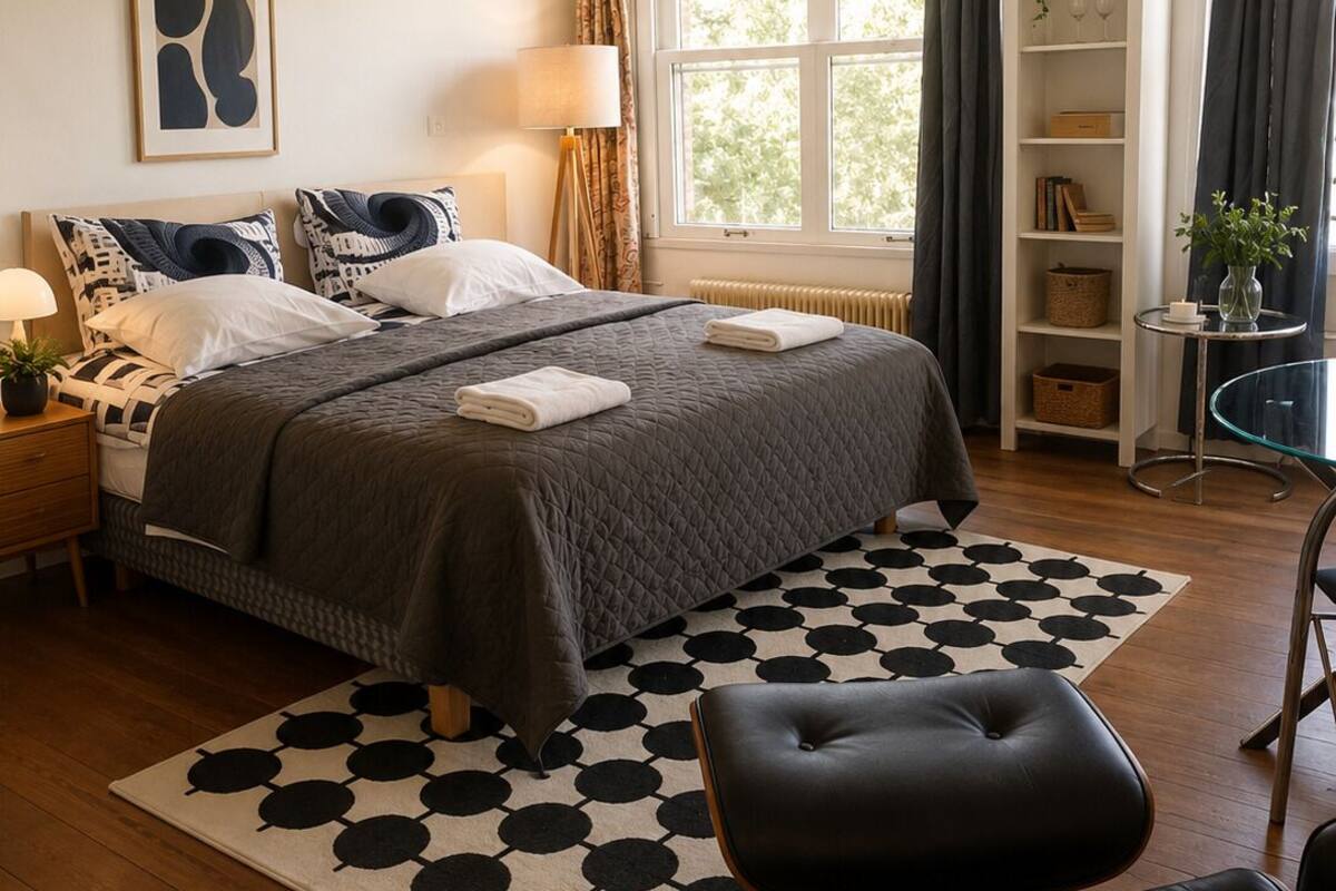 A bedroom with a bed, bedside table, lamp, and a view of the outdoors.