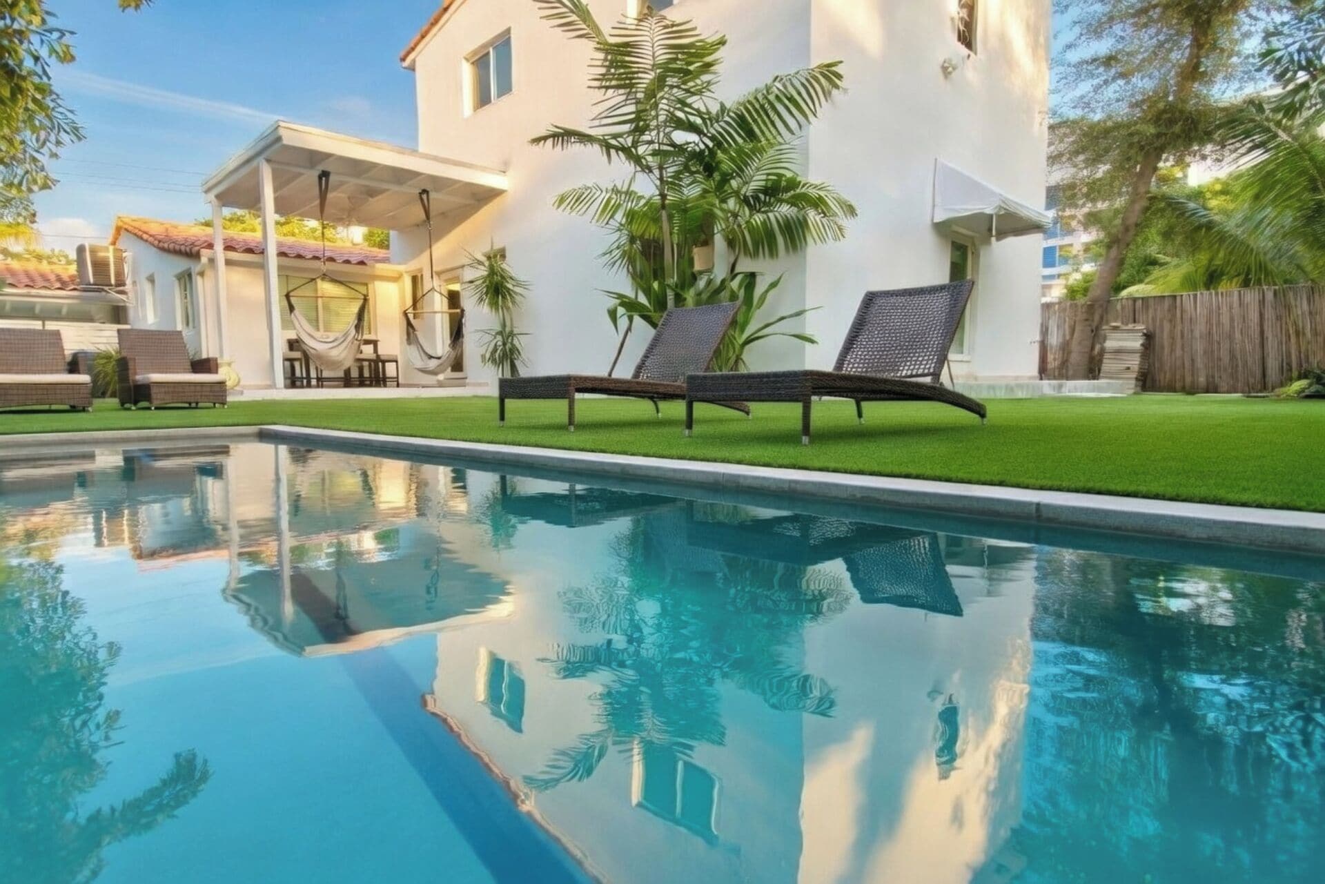 A swimming pool with lounge chairs, a white building, and a fenced yard with palm trees.