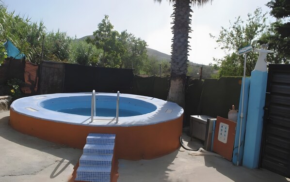 A round swimming pool with a ladder, surrounded by a fence, with a palm tree and a blue structure nearby. - Finca El Lomo with Mountain Views, Private Pool and Wi-Fi (Saucillo)