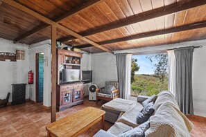 A living room with a wooden ceiling, a sofa, a TV, a cabinet, and a view of the outdoors.
