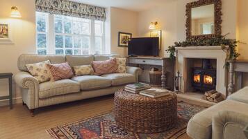 TV, fireplace, books, stereo