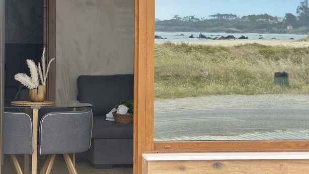 A room with a sofa, a small table with a vase, and a view of a beach with rocks and trees.