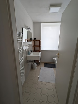 A compact bathroom with a white sink, a mirror, a toilet, and a window. - Apartment in Schwerin (Schwerin)