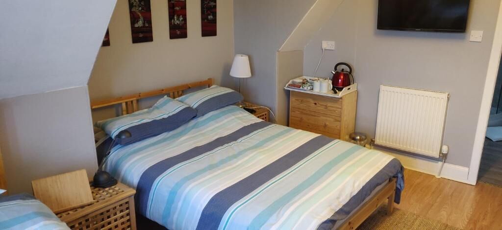 Ein Schlafzimmer mit Bett, Nachttisch, Kommode, Fernseher und Heizkörper.