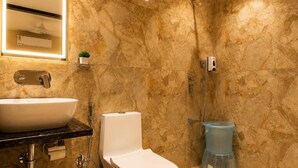 A bathroom with a sink, toilet, and shower. - Hotel Casa Brij Boutique Near Nakki Lake, Mount Abu (Mount Abu)