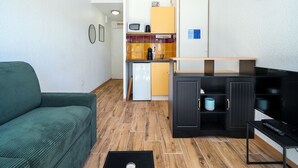 Ein kompakter Wohnbereich mit einer Couch, einer Küchenzeile und einem Fernsehschrank.