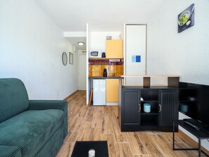 Ein kompakter Wohnbereich mit einer Couch, einer Küchenzeile und einem Fernsehschrank.