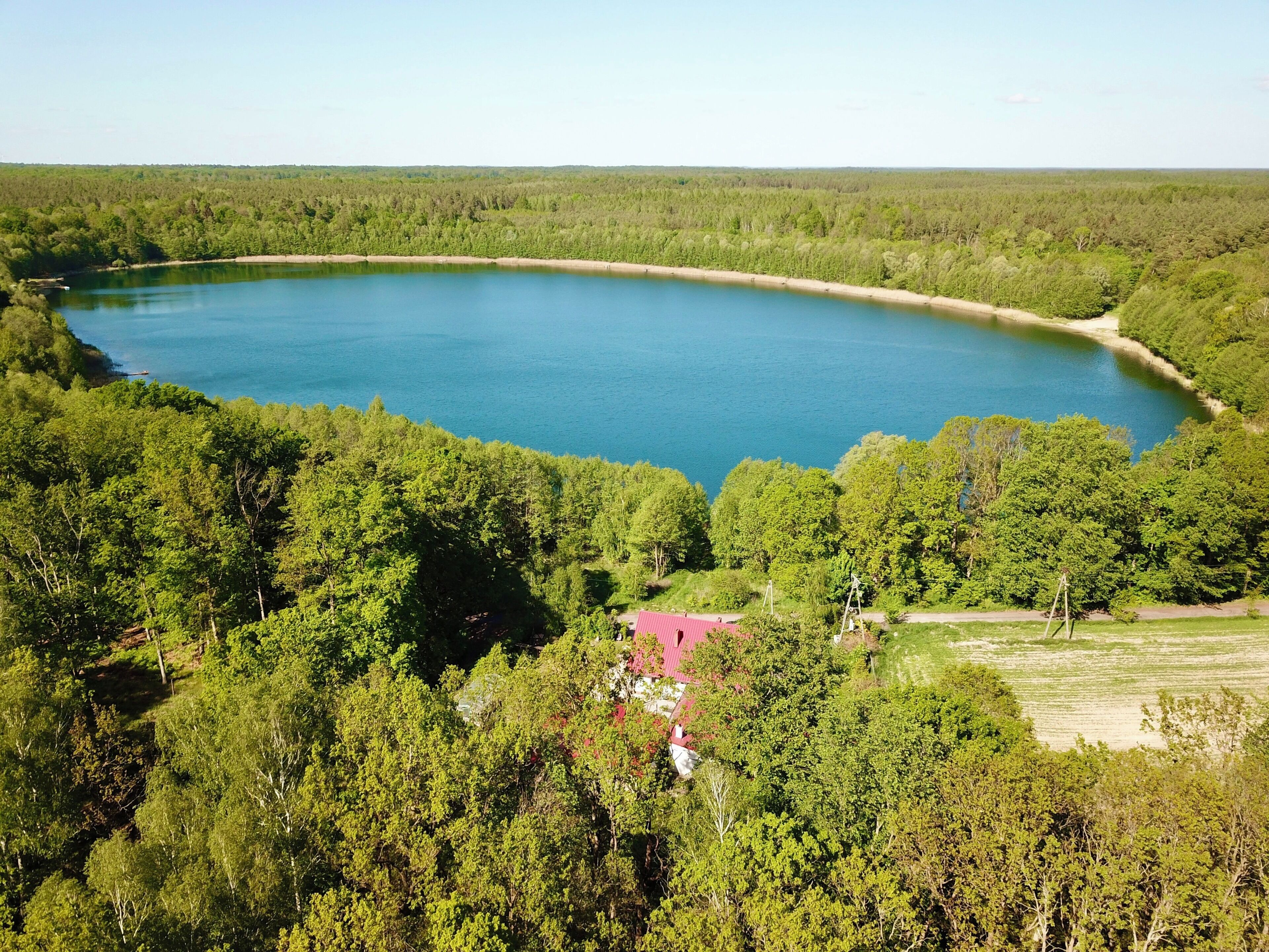 A lake surrounded by dense forest, a small building with a red roof, and a clear sky.