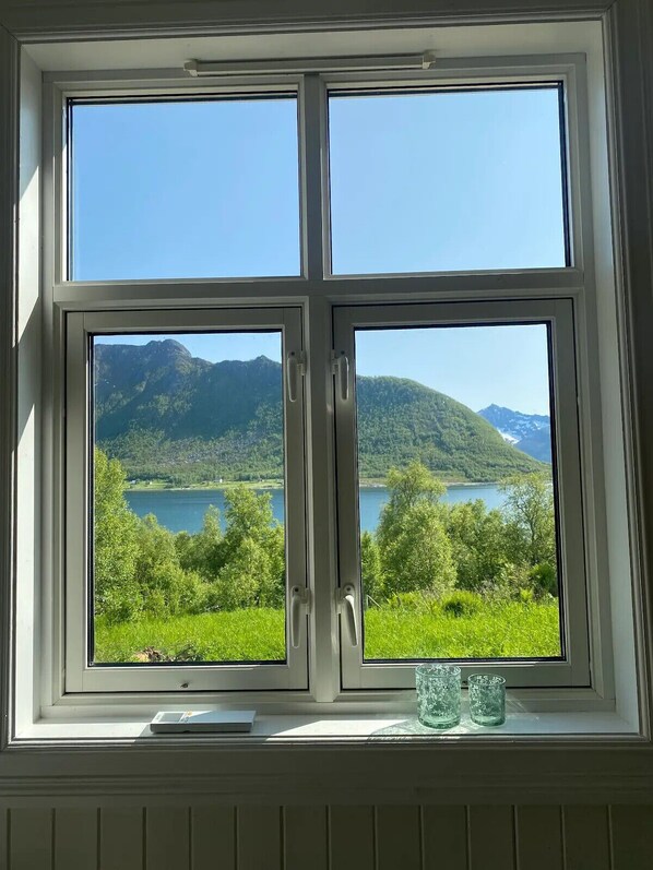 A window with a view of a lake and mountains.
