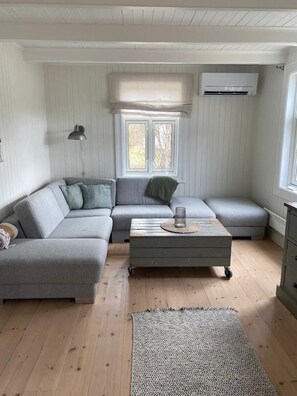A living room with a sectional sofa, a coffee table, a patterned rug, a lamp, and an air conditioning unit.