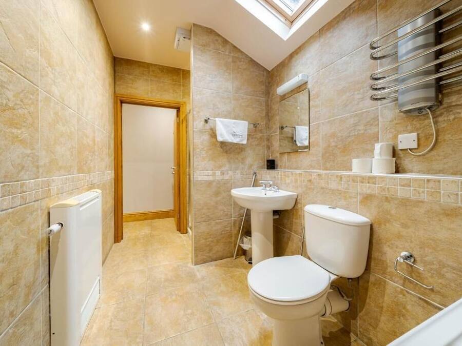A bathroom with a skylight, a toilet, a sink, and a towel rack.