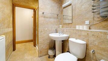 A bathroom with a toilet, sink, and shower area.