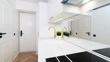 Fridge, stovetop, cookware/dishes/utensils