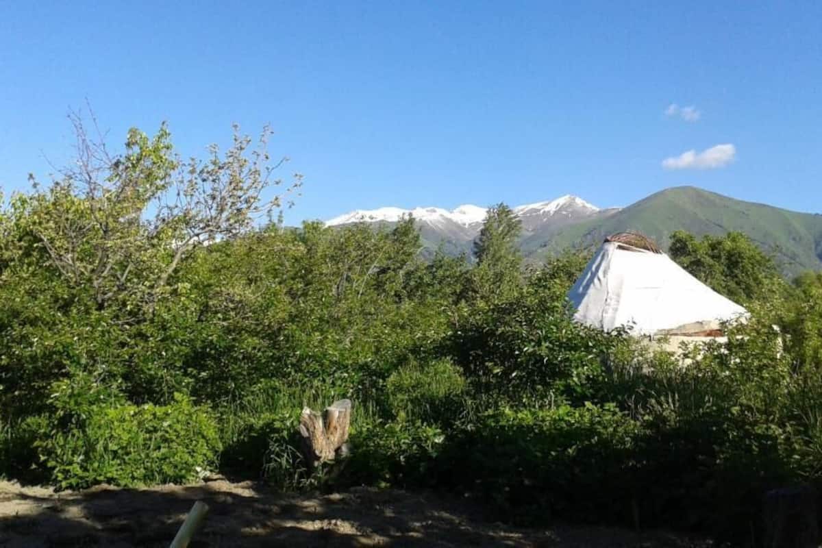 Un paisaje montañoso con un edificio blanco parcialmente oculto por follaje.