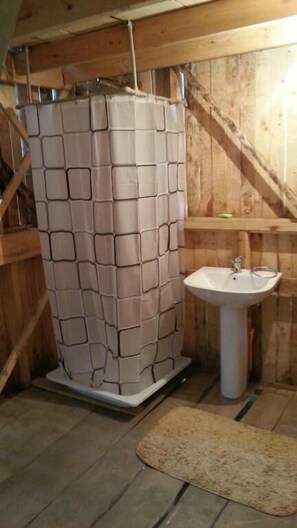 Chuveiro, toalhas de banho, papel higiênico 