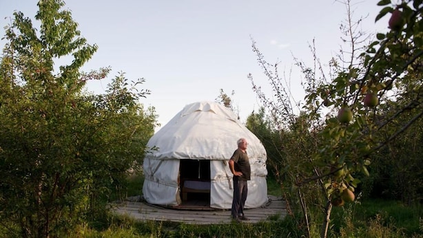 A single-room yurt with a circular entrance, surrounded by trees and grass. - Belzhan Yurt Lodge (Grigorevka)