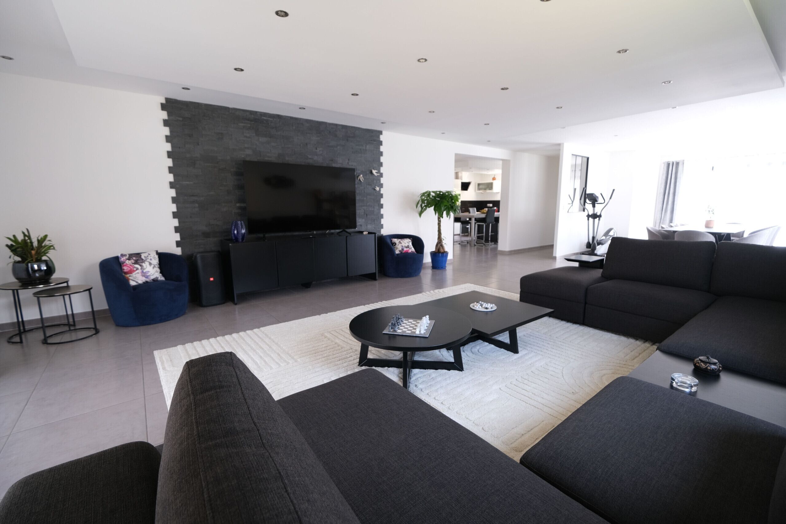 A modern living room with a large flat-screen TV, dark sofas, a coffee table, and a potted plant.