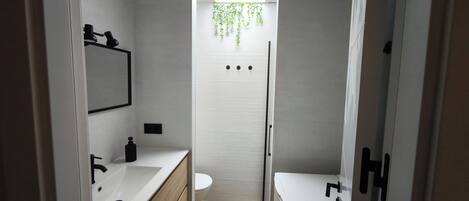 Douche, séchoir à cheveux, serviettes fournies, savon