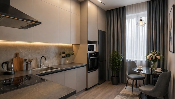 Una cocina moderna con horno integrado, microondas y comedor con mesa y sillas.