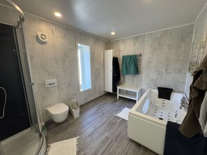 Une salle de bain avec une baignoire, des toilettes et une douche.