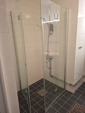 A glass-enclosed shower with a handheld showerhead, a handheld showerhead, and a wall-mounted faucet.