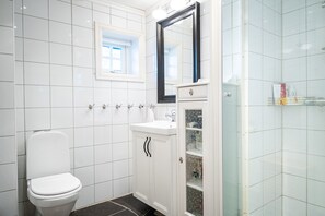 A bathroom with a toilet, a sink with a mirror above it, and a glass shower enclosure.