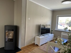 Ein modernes Wohnzimmer mit Flachbildfernseher, Kamin, weißem Schrank und Fenster mit Blick.