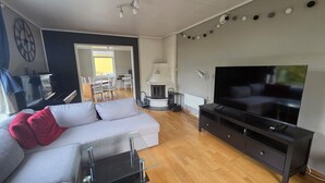 A living room with a sofa, TV, and fireplace. - Apartment with sea and mountain view (Bergen)