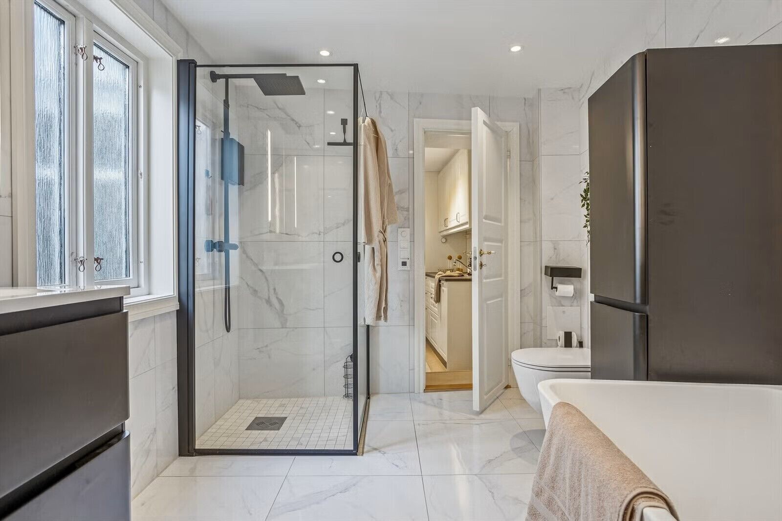 Shower, hair dryer, towels
