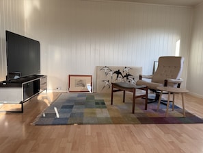 Olohuone, jossa on taulutelevisio, kehystetty taulu, tuoli ja värikäs matto.