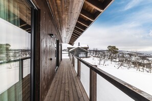 A wooden deck with a glass balustrade overlooking a snowy landscape.