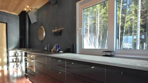 A modern kitchen with stainless steel appliances, a large window with a view of trees, and a black wall.