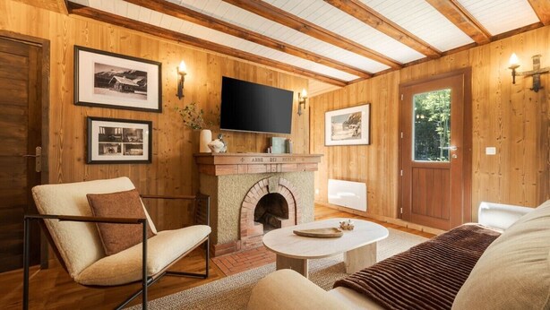 Una habitación acogedora con chimenea, televisión y cuadros en las paredes.