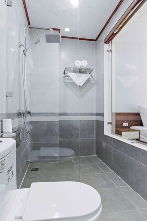 A modern bathroom with a glass-enclosed shower, a toilet, and a sink.