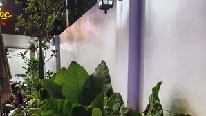 Arranjo de luz externa fixado na parede, folhagem verde exuberante e uma parede branca.
