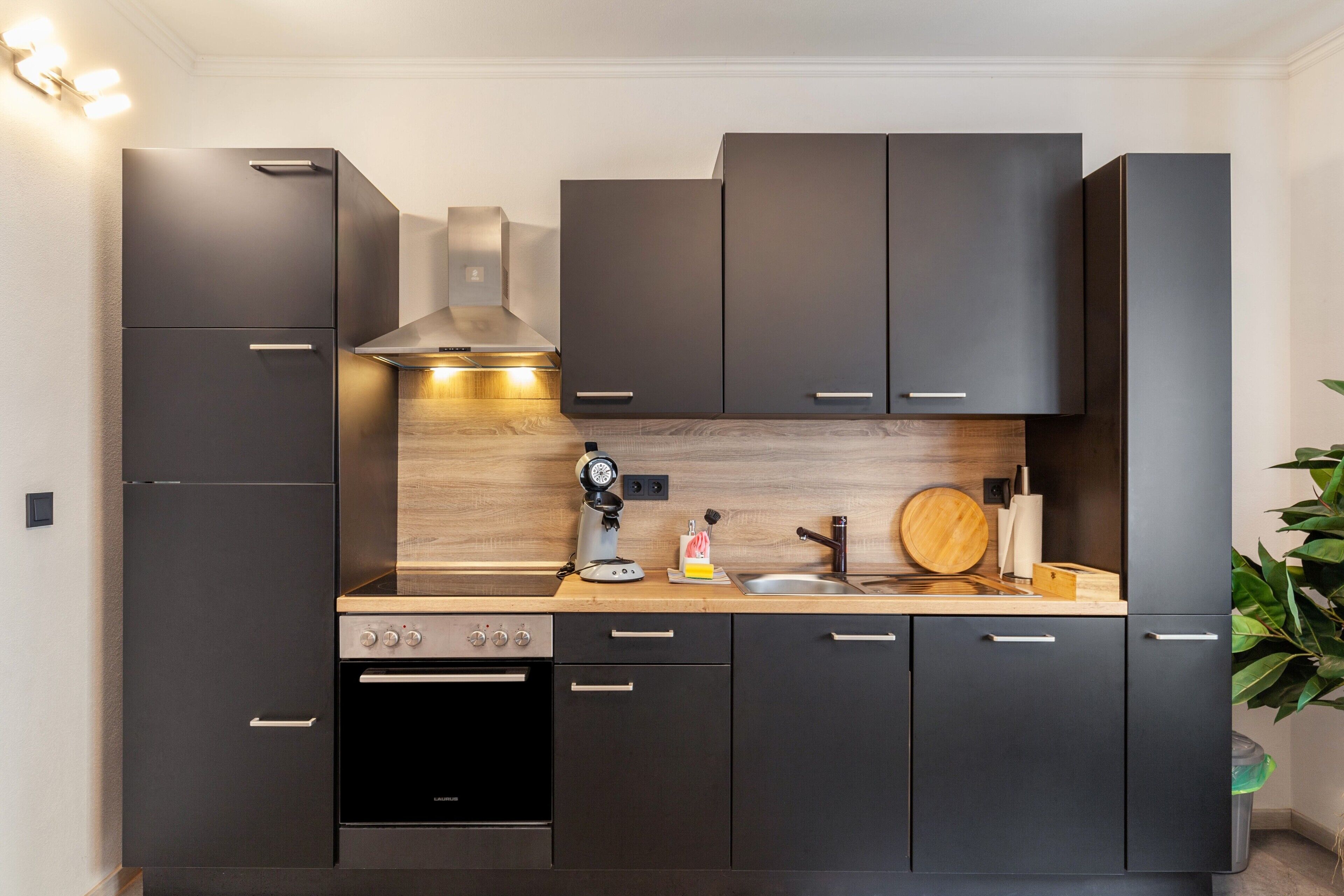 Réfrigérateur, un four, surface de cuisson, lave-vaisselle