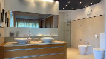 Shower, bidet, towels, soap