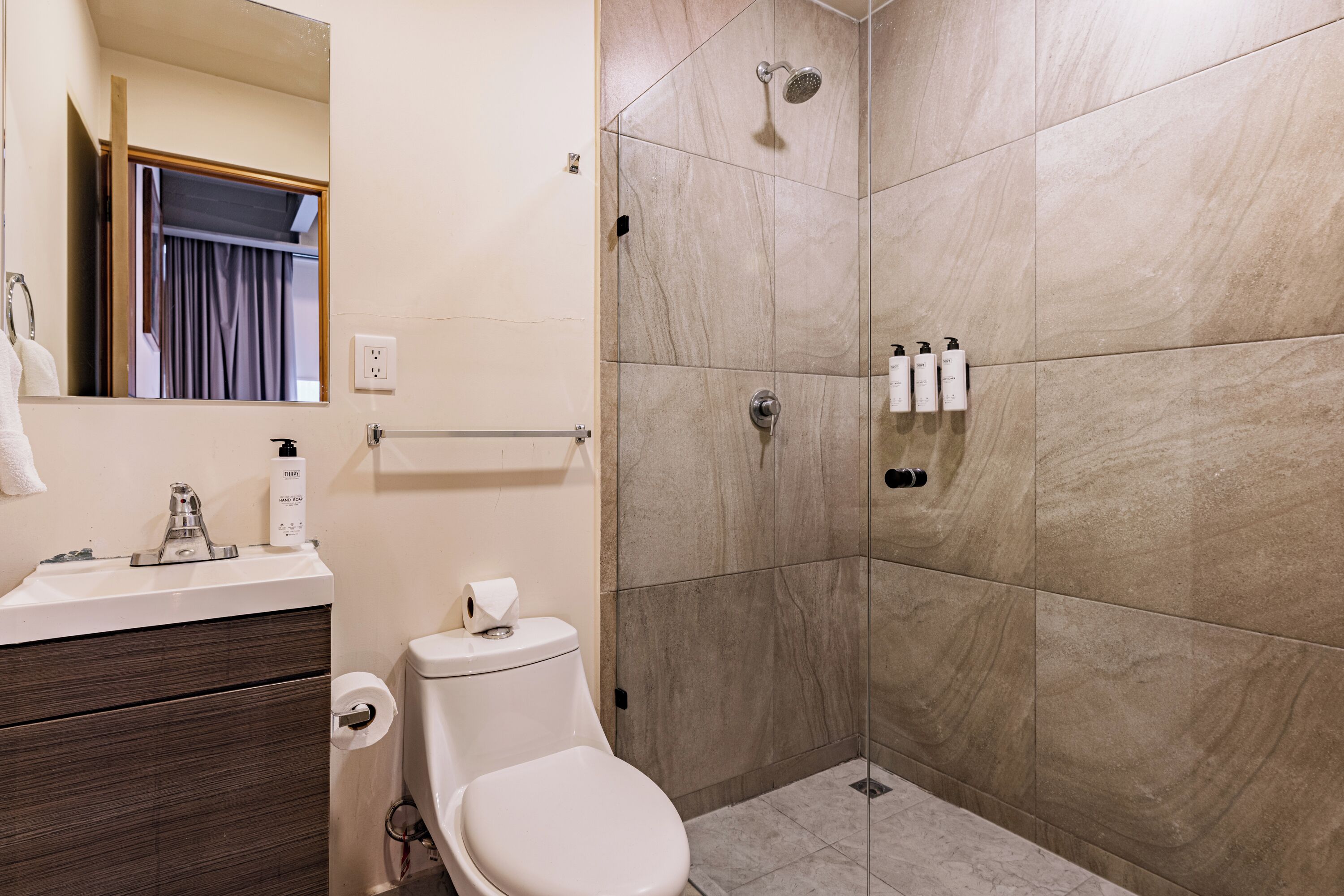 Hair dryer, towels, soap