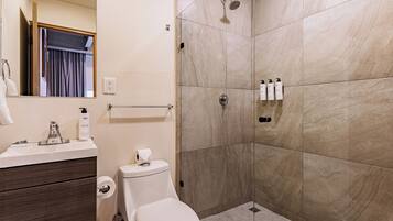 Hair dryer, towels, soap