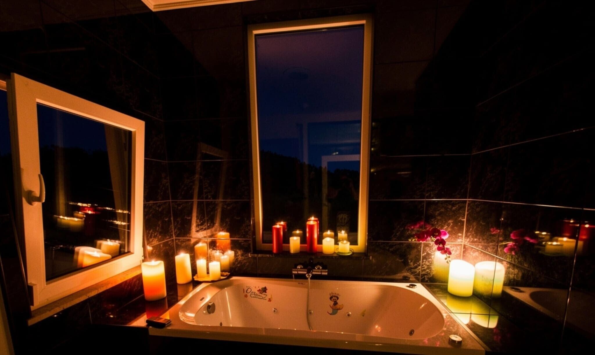 Un baño con bañera, varias velas y un espejo grande.