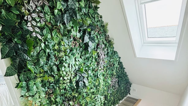 Eine Treppe mit einer Holzhandläufe, eine grüne Wand mit verschiedenen Pflanzen und ein Fenster mit Blick auf den Himmel.