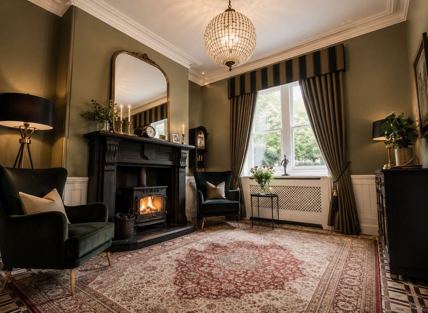 A room with a fireplace, a large mirror, a chandelier, and a view through a window with curtains.
