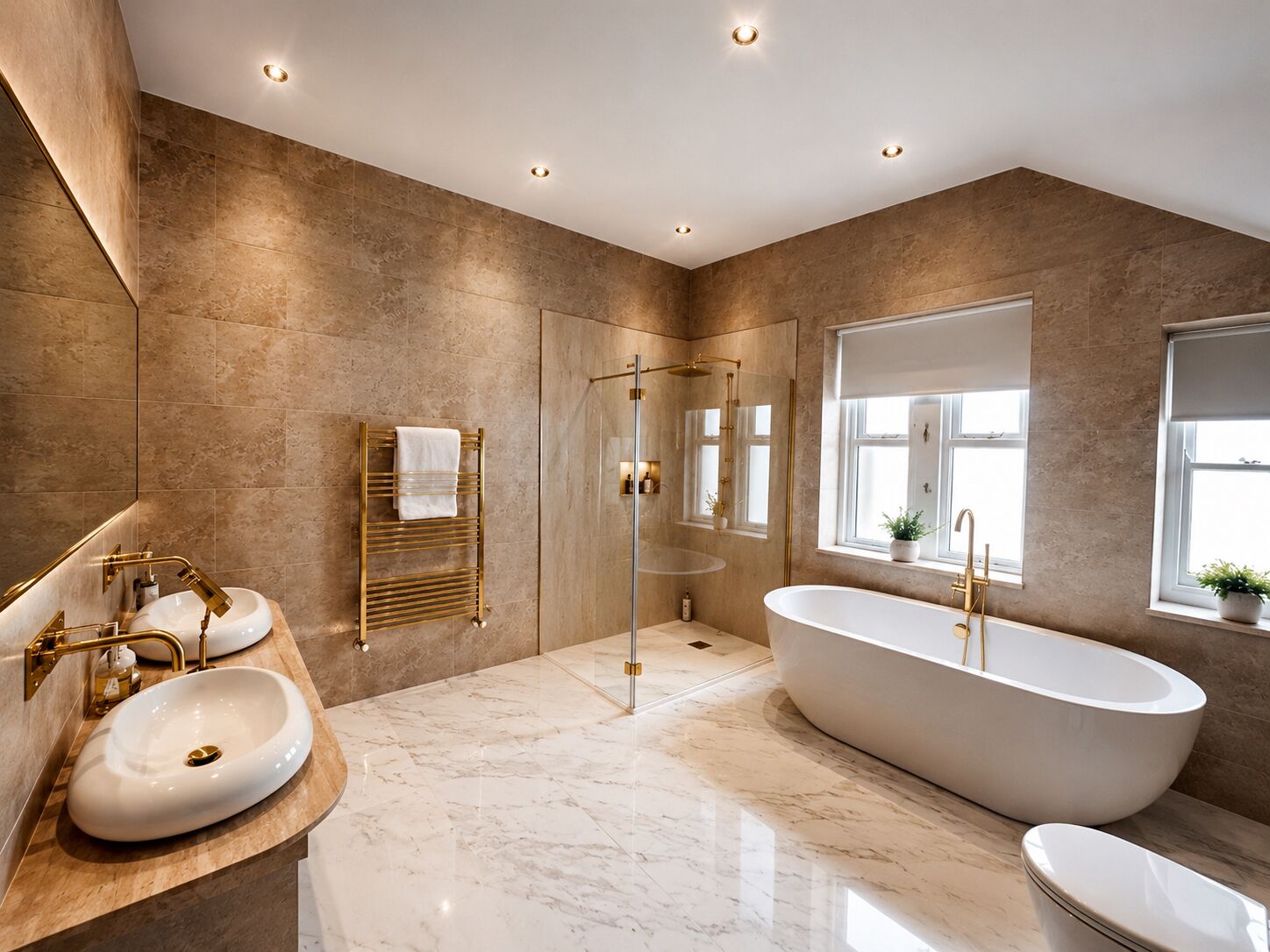 Separate bathtub and shower, deep-soaking bathtub, towels