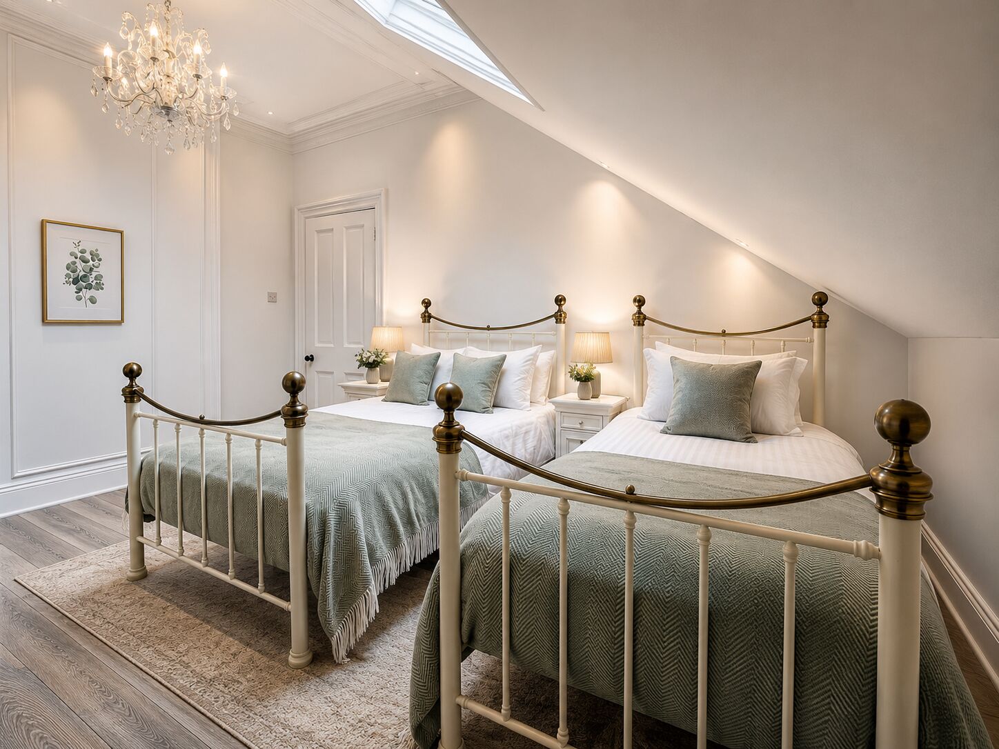 A bedroom with a white bed, a chandelier, a skylight, and a framed picture on the wall.