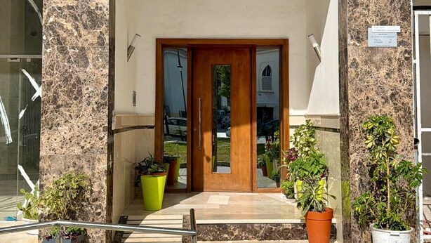 Entrada de un edificio con fachada de piedra, puerta de madera y plantas en macetas.