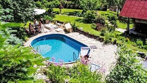 A swimming pool surrounded by lush greenery, with a stone deck and a few chairs.