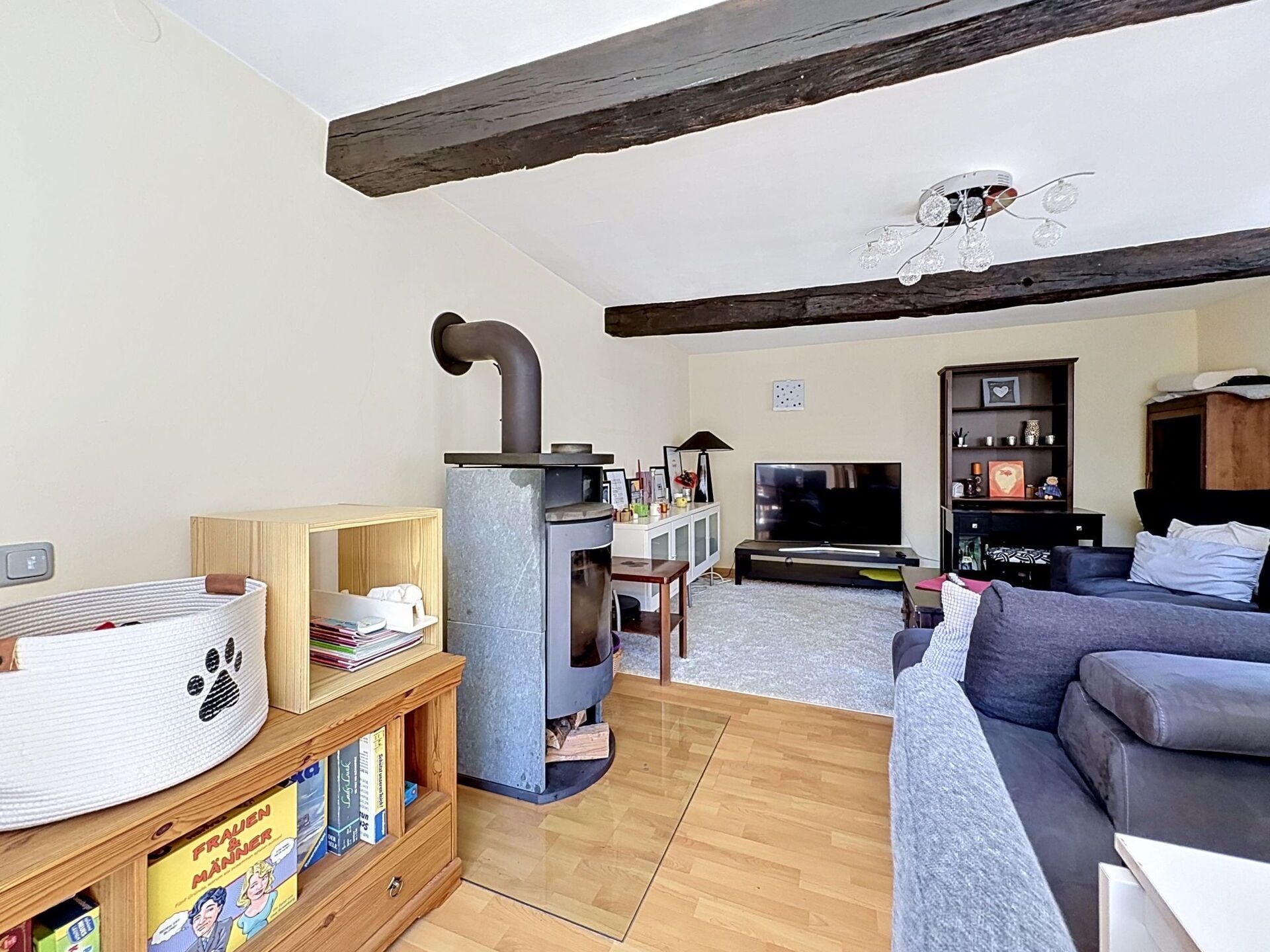 A living room with a fireplace, a sofa, a television, and a bookshelf.