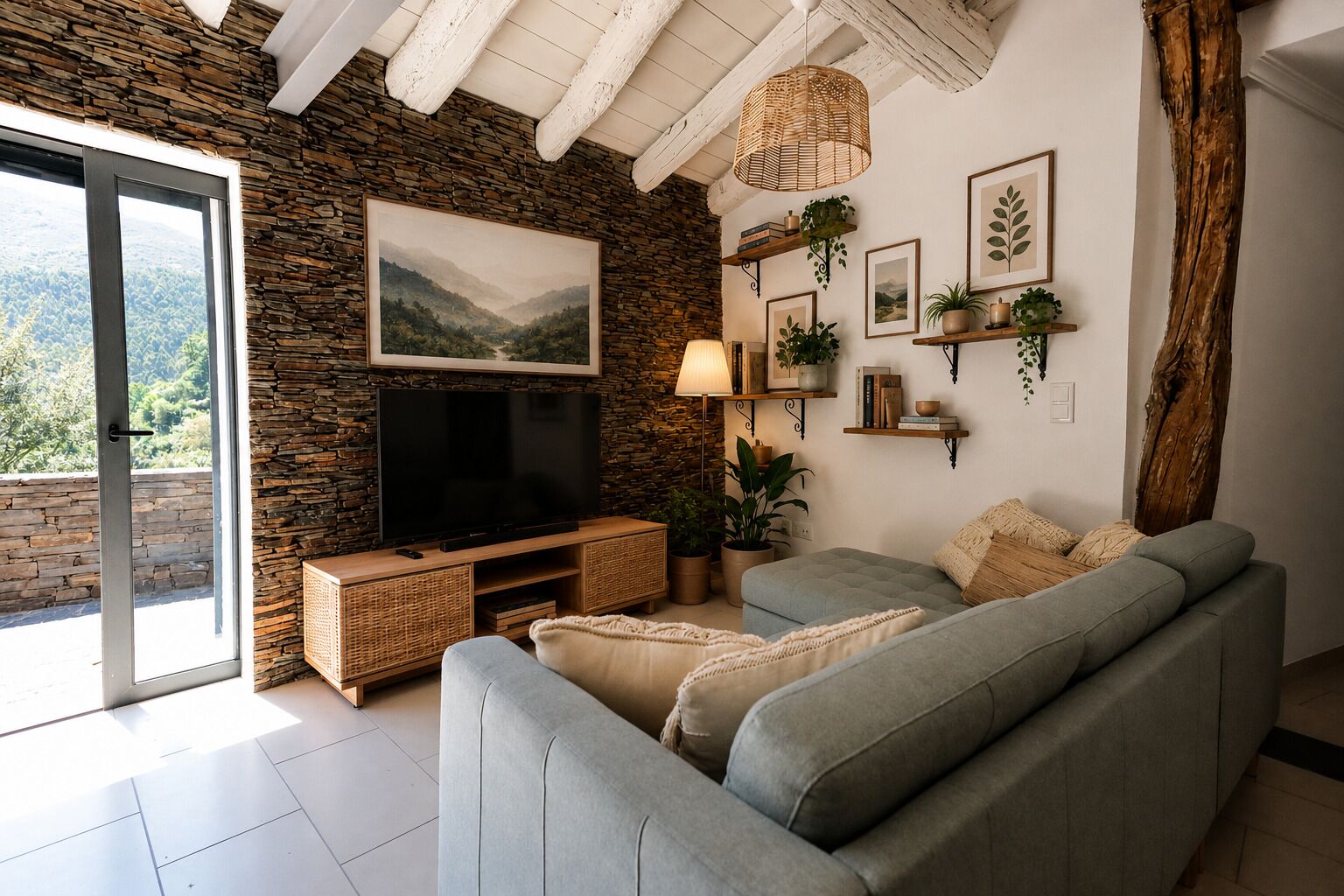 Una Smart TV, una chimenea, libros