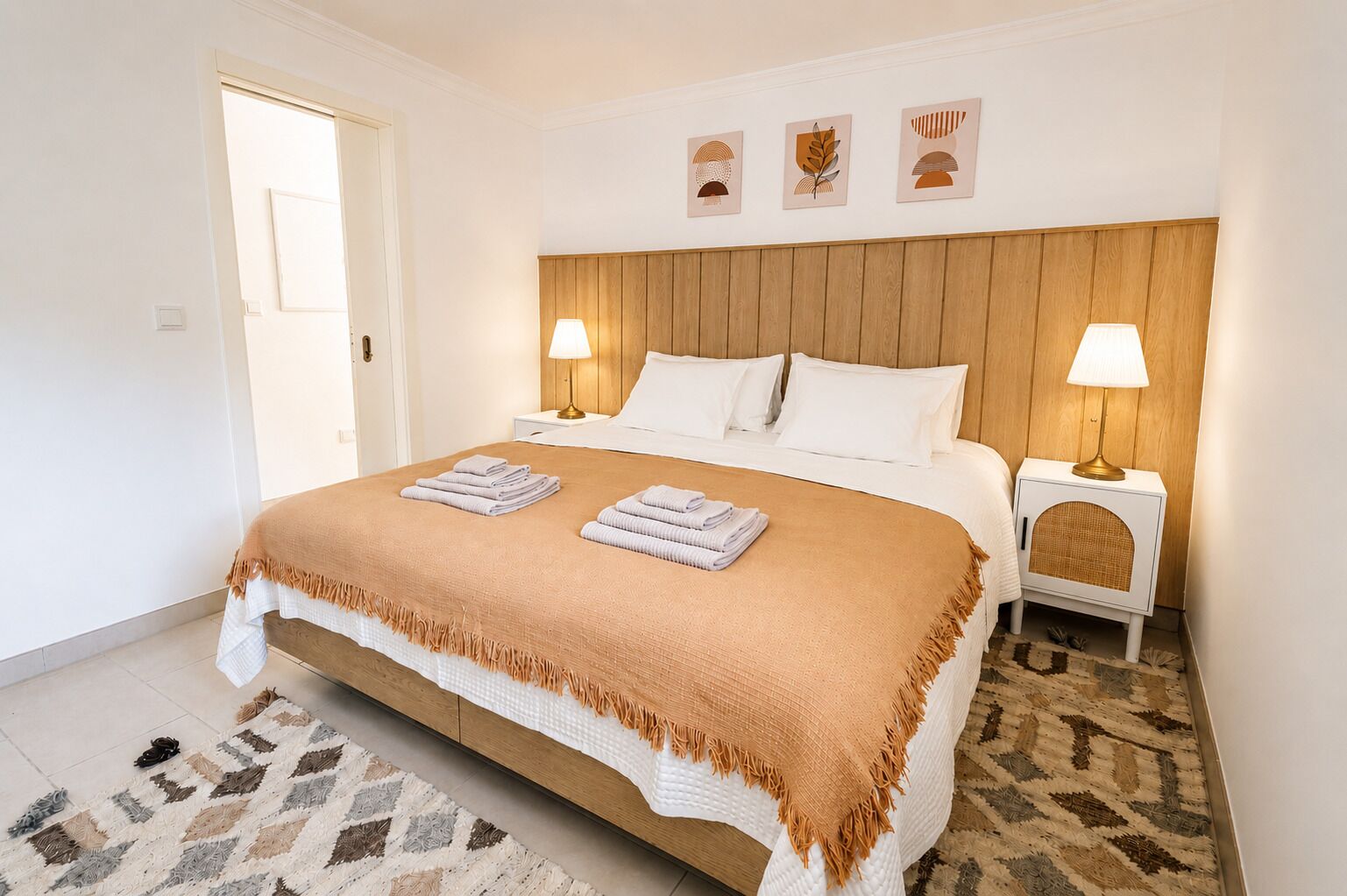 Une chambre d’hôtel avec un lit, deux tables de chevet avec des lampes, une tête de lit en bois et un tapis à motifs.