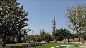 Piscina con sillas de descanso, rodeada de árboles y un cielo despejado.